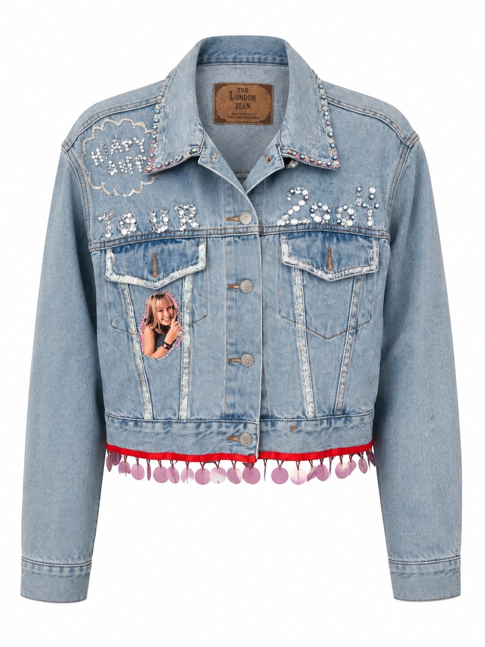 Custom Hilary Duff Y2K Rhinestone Denim Jacket One of a Kind Moda International
